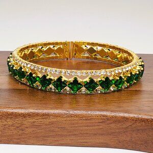 14K Gold Womens 3ct Green Emerald Gemstone 2ct Diamond Bangle Cuff Bracelet NEW